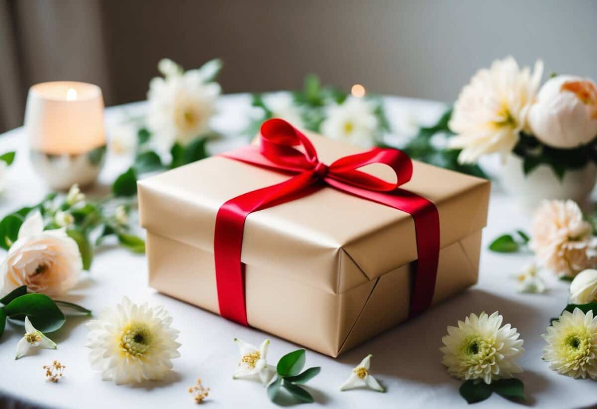 A beautifully wrapped gift box sits on a table, surrounded by delicate flowers and elegant decorations