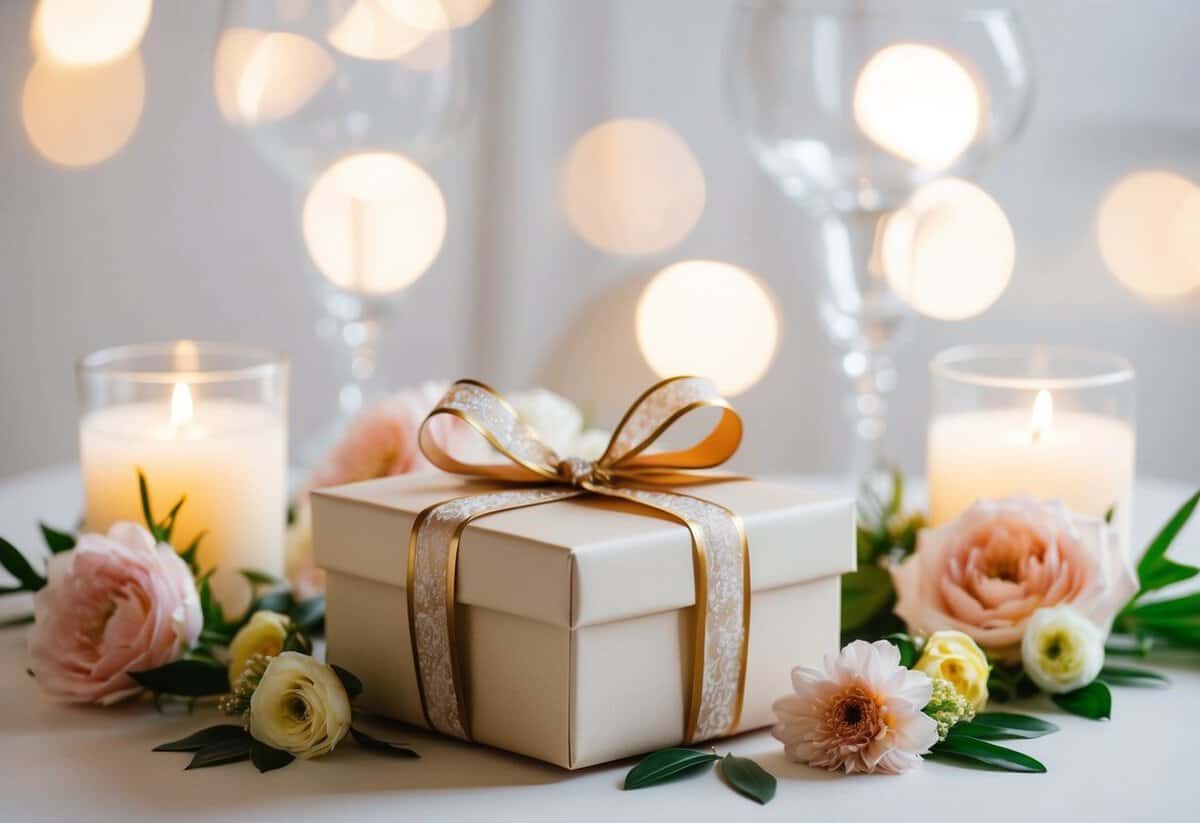 A beautifully wrapped gift box surrounded by elegant wedding decor and flowers