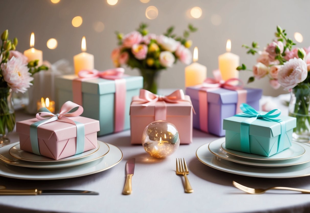 A table with elegant place settings and a variety of gifts wrapped in pastel colors, surrounded by blooming flowers and flickering candles