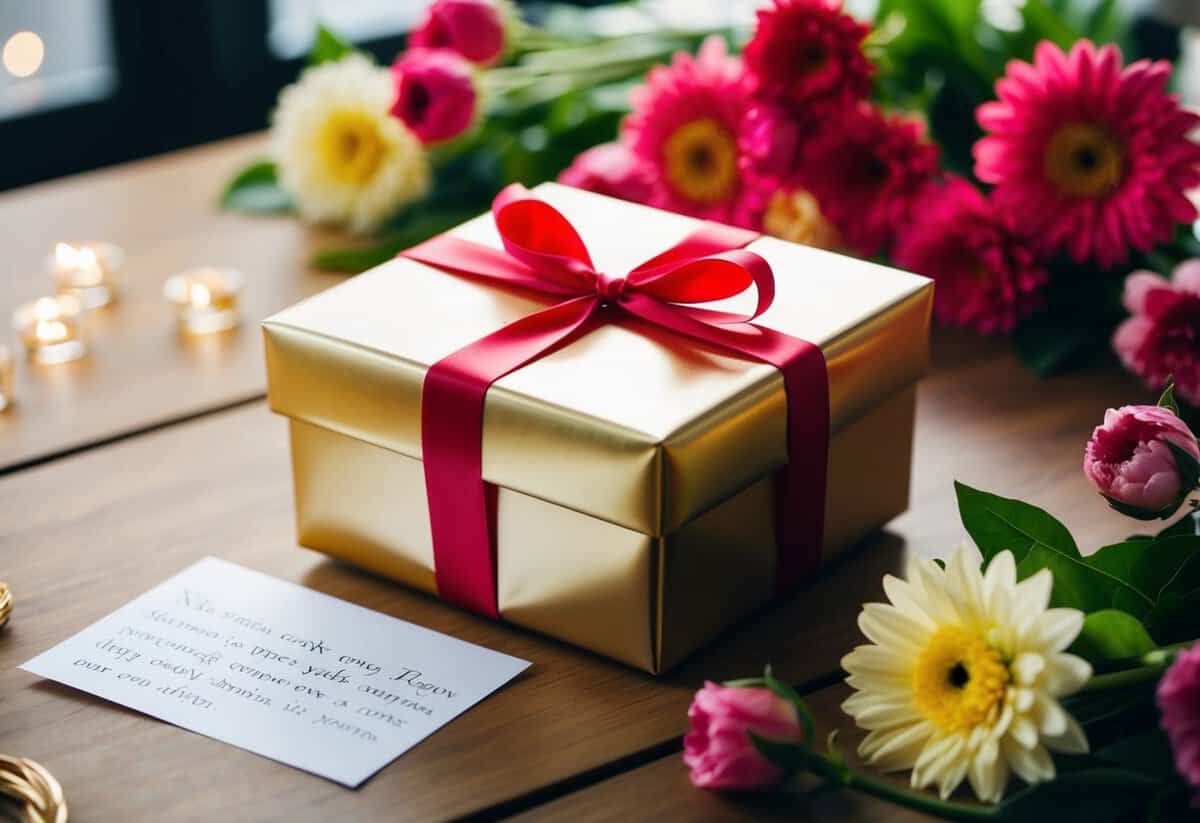 A beautifully wrapped gift box sits on a table, surrounded by flowers and a heartfelt note