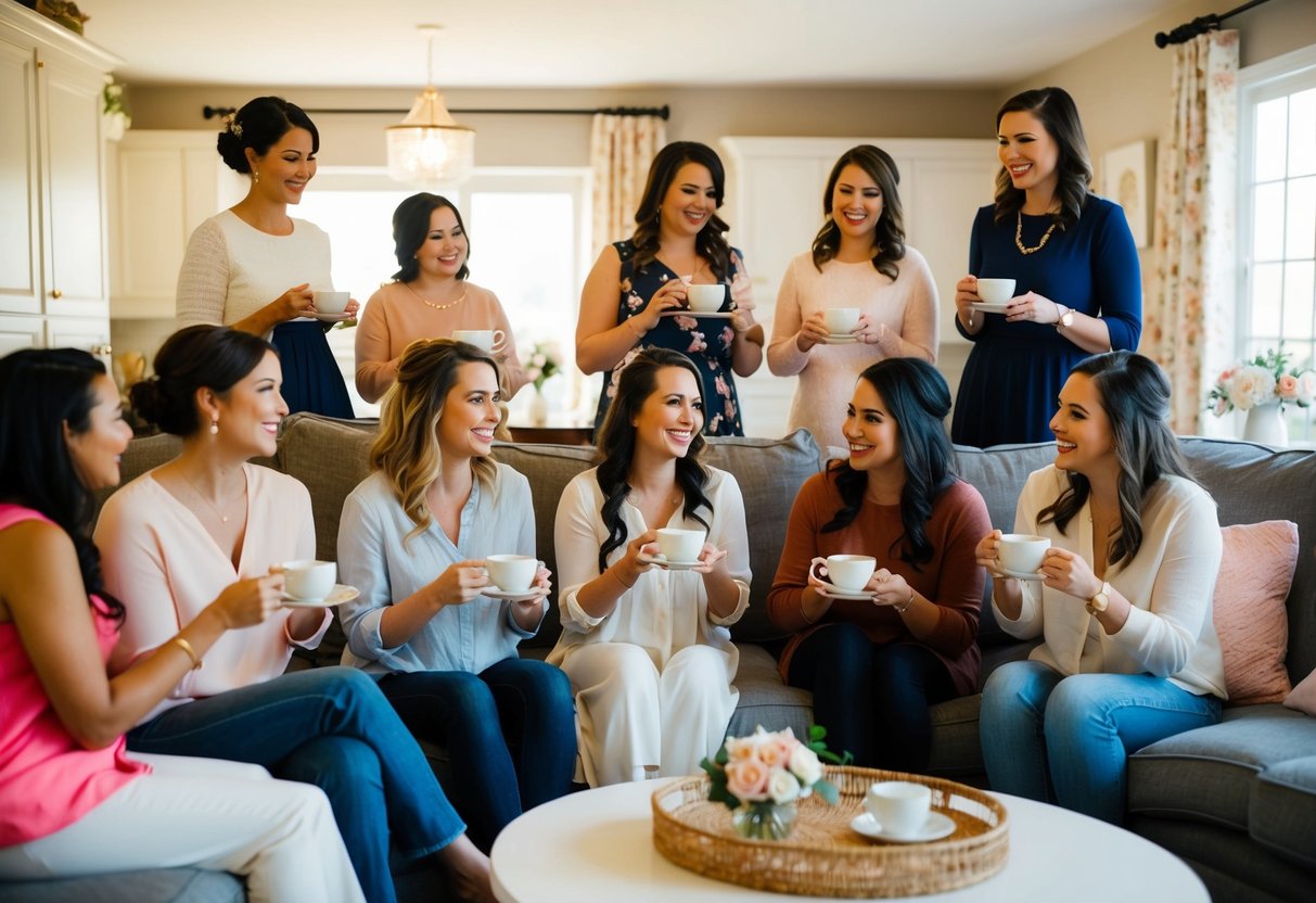 A group of women gathered in a cozy living room, sipping tea and chatting happily as they prepare for a bridal shower