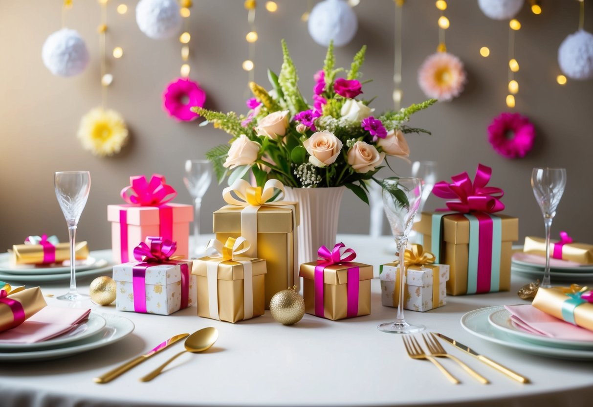 A table set with elegant place settings and a variety of gifts wrapped in delicate paper, surrounded by cheerful decorations and flowers