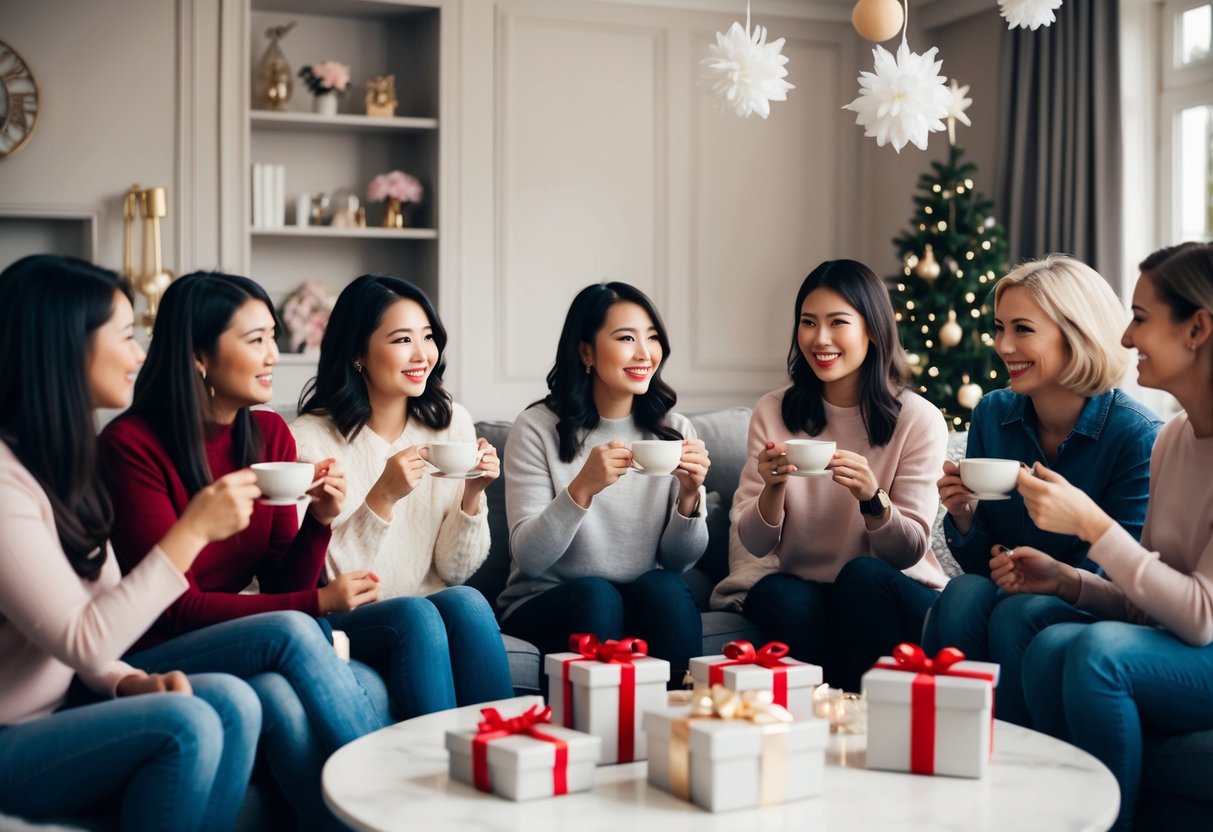 A group of women gather in a cozy living room, sipping tea and chatting. A table is adorned with delicate decorations and gifts