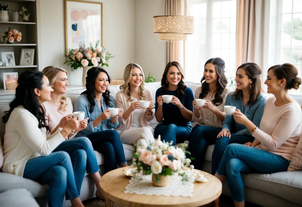 A group of women gather in a cozy living room, sipping tea and chatting happily. A table is adorned with flowers and decorations for a bridal shower