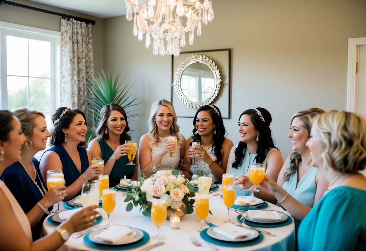 A group of women gather for a bridal shower, chatting and laughing while sipping on drinks and admiring the decorations