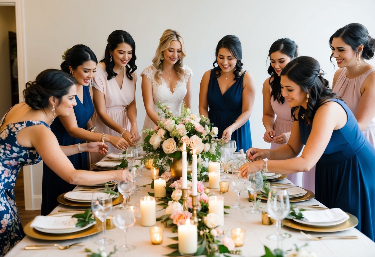 A group of women gather around a beautifully decorated table, adding final touches to the bridal shower setup. Flowers, candles, and place settings are carefully arranged
