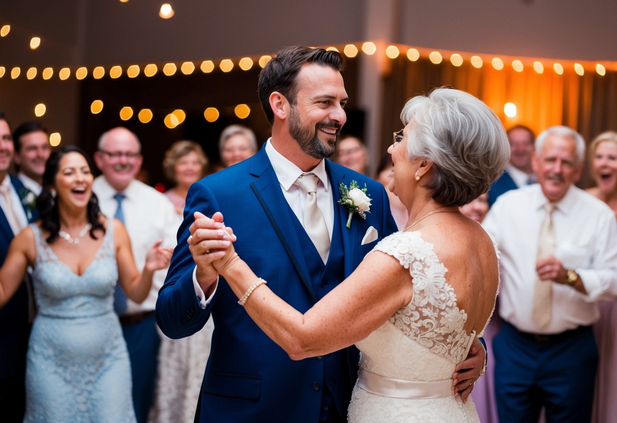 A groom and his mother-in-law dance together at a wedding reception, surrounded by joyful guests