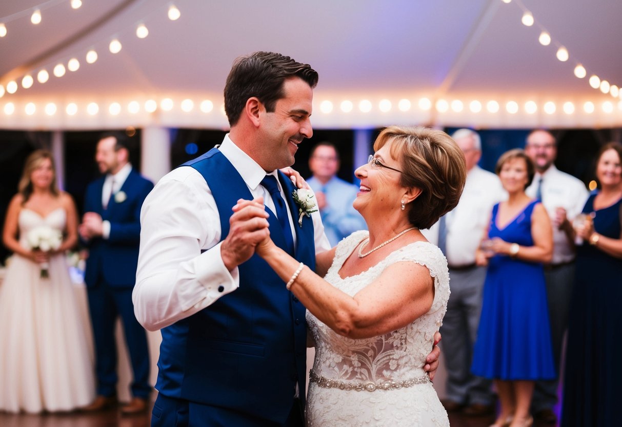 The groom and his mother-in-law dance together at the reception
