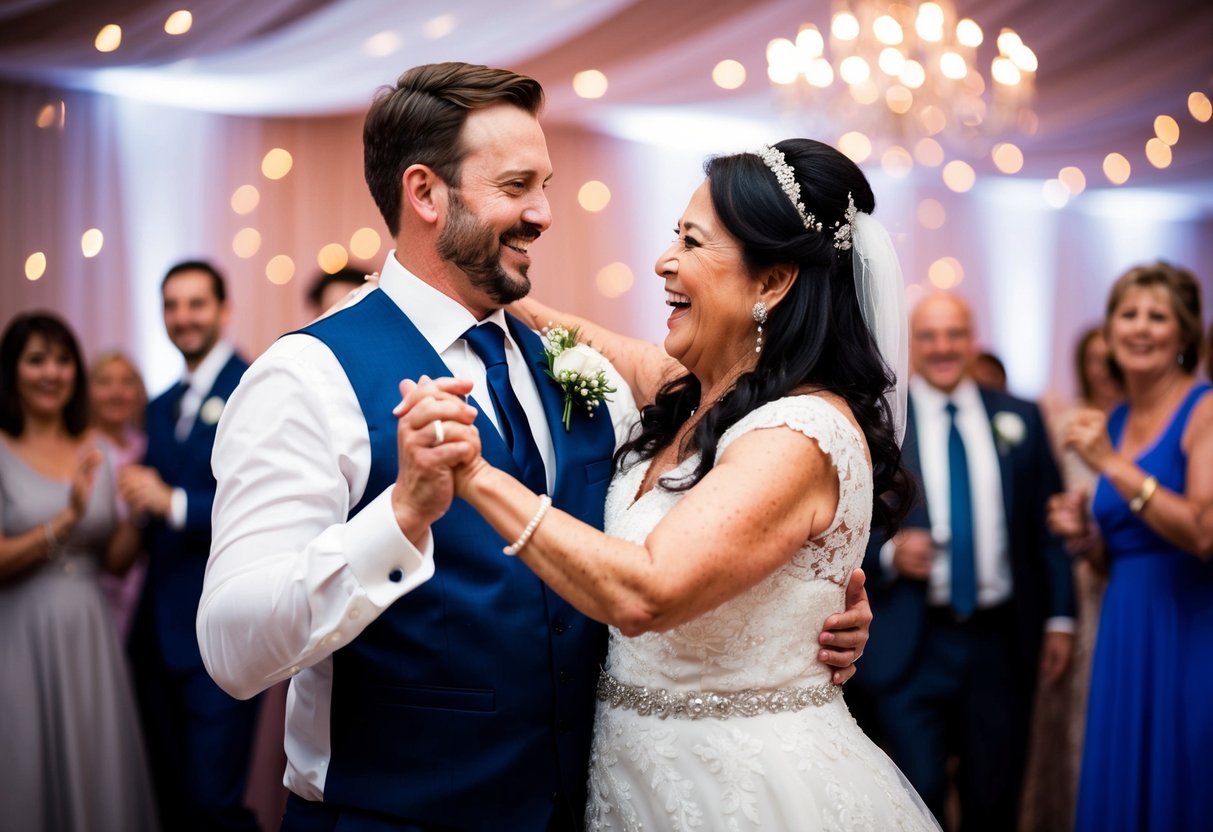 The groom and his mother-in-law dance joyfully together at the wedding celebration