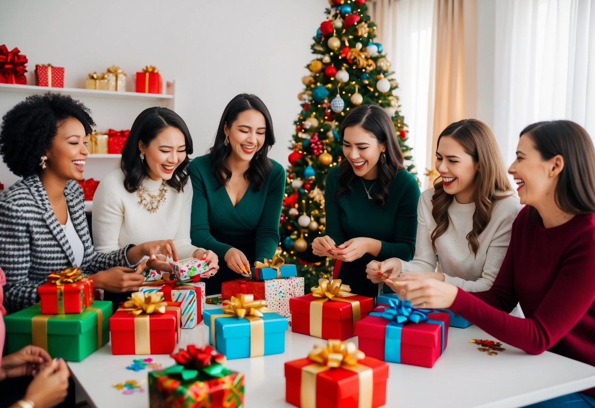 A group of women gather around a table with colorful decorations, opening gifts and playing games. Laughter and excitement fill the air