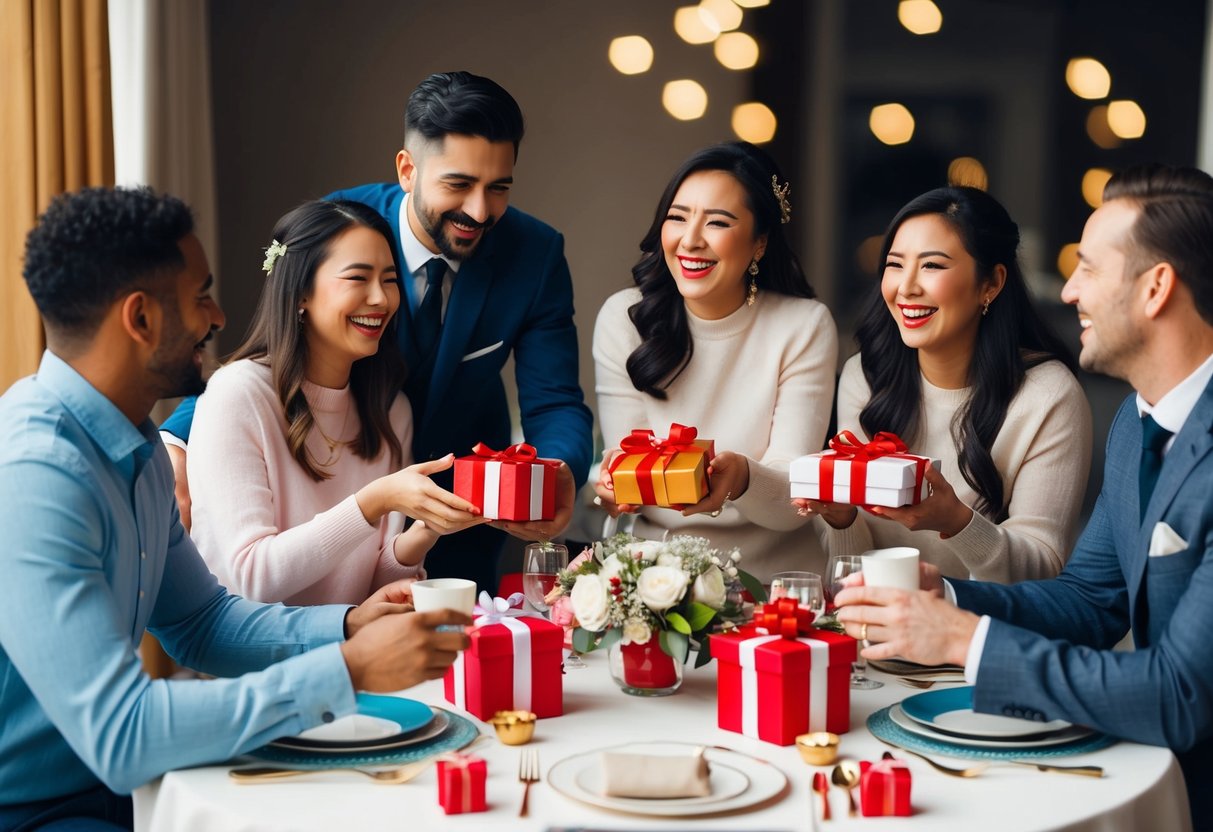 A group of friends gather around a beautifully decorated table, exchanging gifts and sharing laughter in celebration of an upcoming wedding
