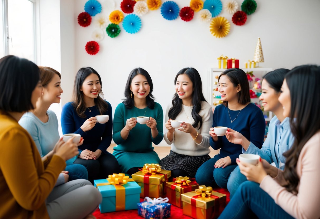 A group of women sitting in a circle, sipping tea and chatting, surrounded by colorful decorations and gifts