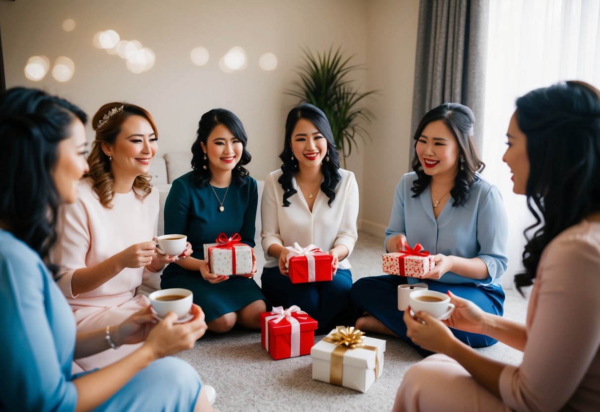 A group of women sitting in a circle, sipping tea and chatting, while the bride-to-be opens gifts and everyone takes turns sharing marriage advice