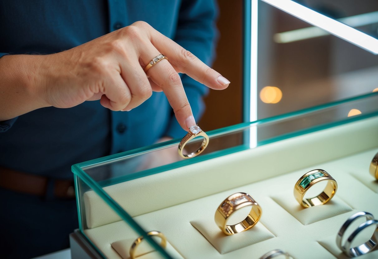 A jeweler displays wedding bands in a glass case. A customer points to a gold ring with a simple design
