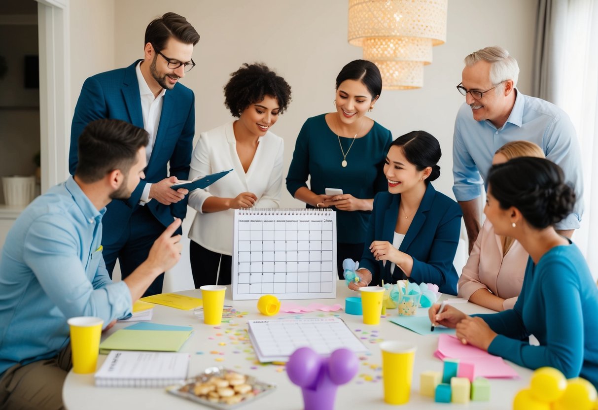 A group of people discussing and planning a wedding shower, with a calendar and various party supplies spread out on a table