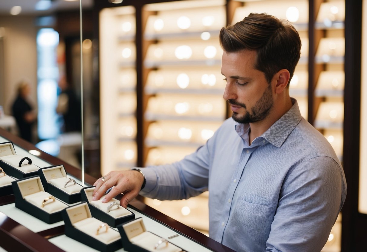 A man browsing through a display of wedding bands at a jewelry store