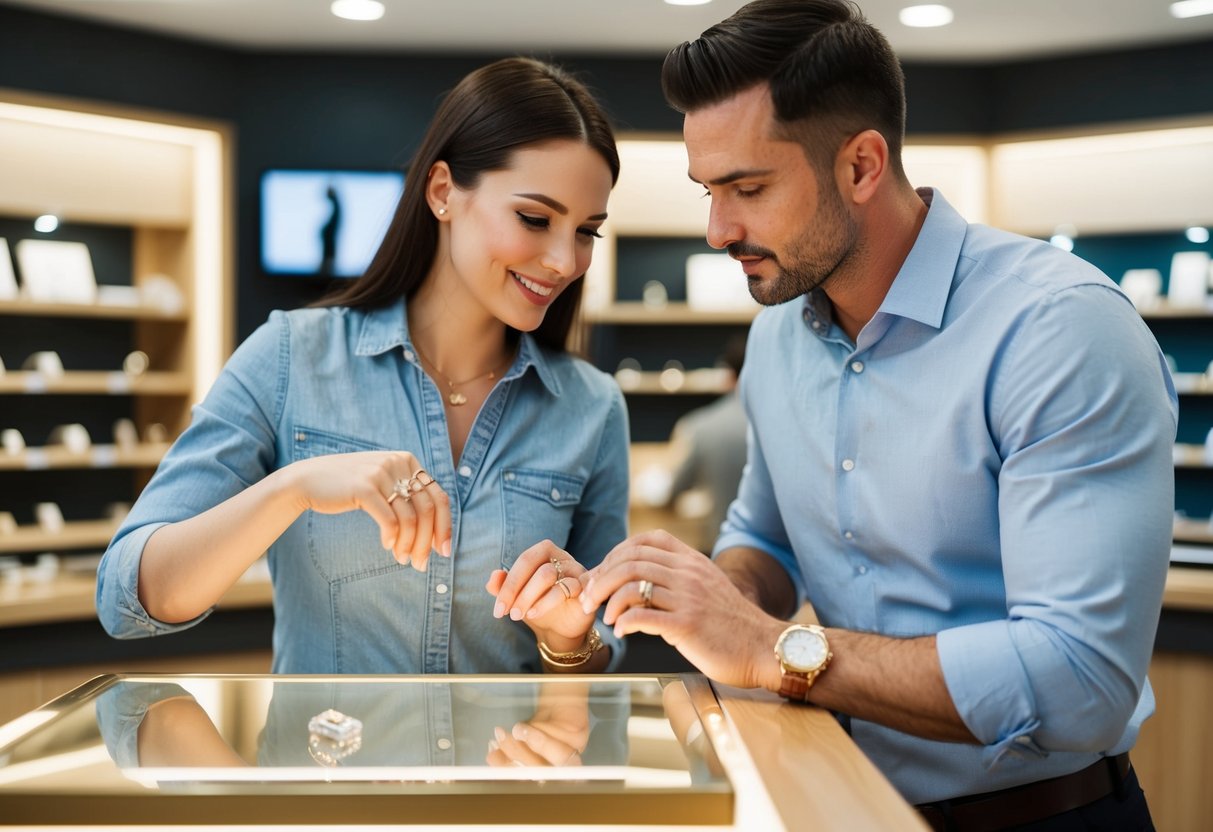 A couple discussing ring options at a jewelry store counter