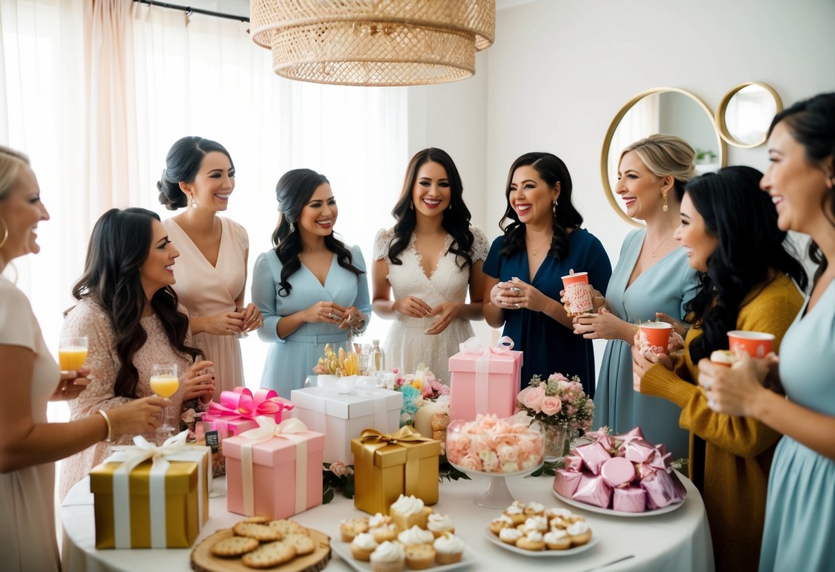 A group of women gathered in a decorated room with a table full of gifts and refreshments, chatting and laughing at a bridal shower