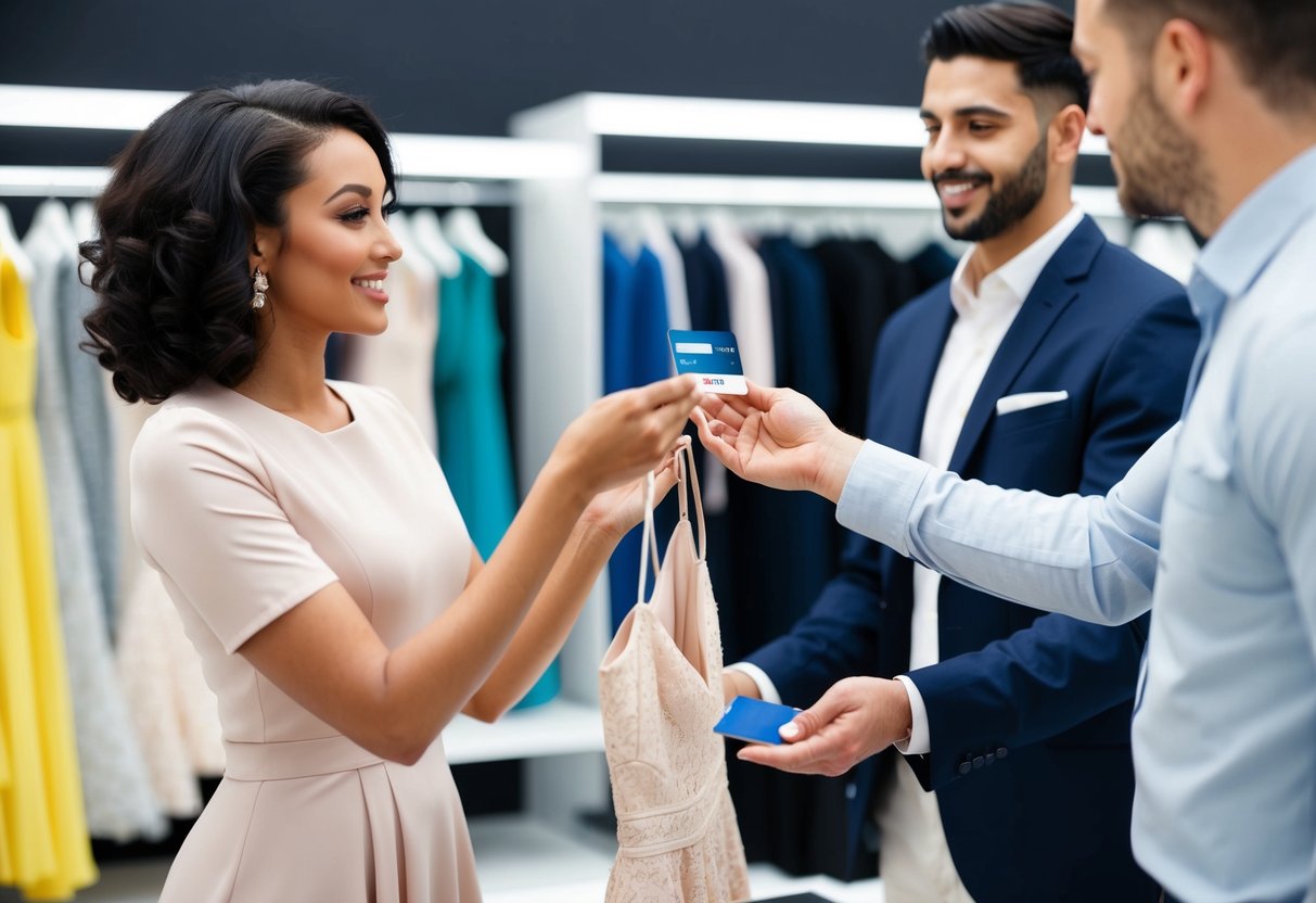 A woman receiving a dress from a store clerk, with a man handing over a credit card to pay for it