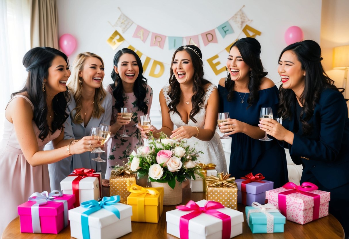 A group of friends gather around a table filled with gifts and decorations, celebrating a bride-to-be with laughter and joy