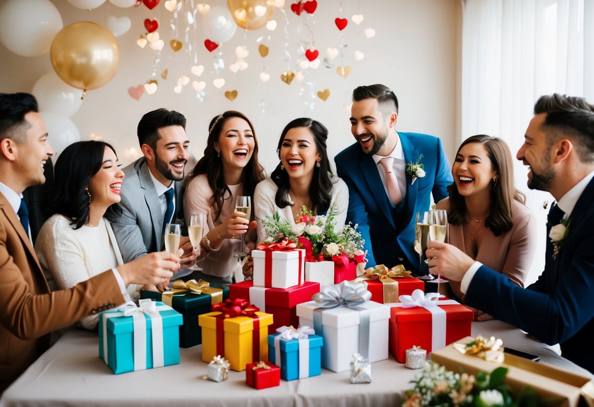 A group of friends gathers around a table filled with gifts and decorations, celebrating the upcoming wedding with laughter and joy