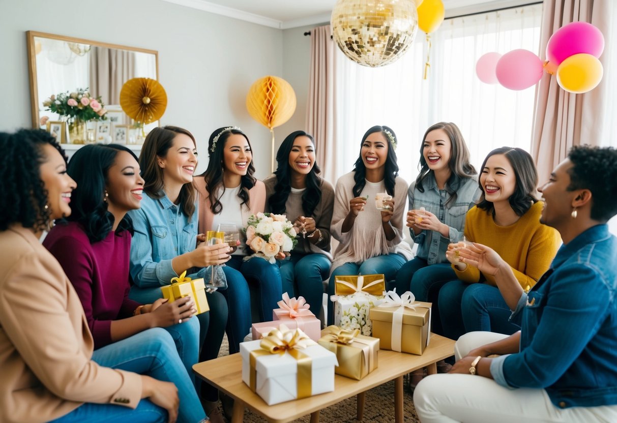 A group of diverse friends gather for a bridal shower, with decorations, gifts, and laughter filling the room