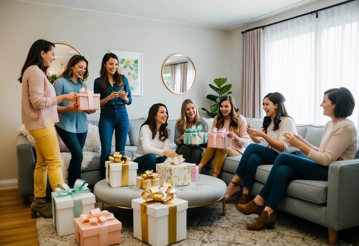 A group of friends gather to plan and host a wedding shower, decorating and arranging gifts in a cozy living room