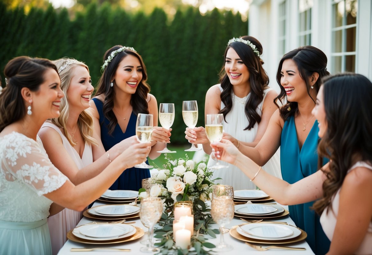 A group of friends gather around a beautifully decorated table, clinking glasses and laughing as they celebrate the bride-to-be at her wedding shower