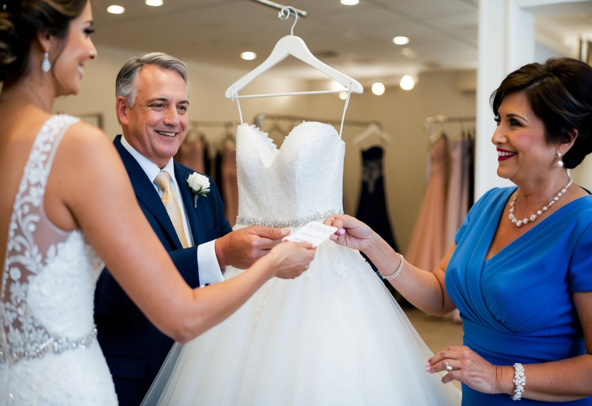 A woman's dress is being paid for by the bride's father. He hands a check to the dress shop owner, while the mother of the bride looks on with gratitude