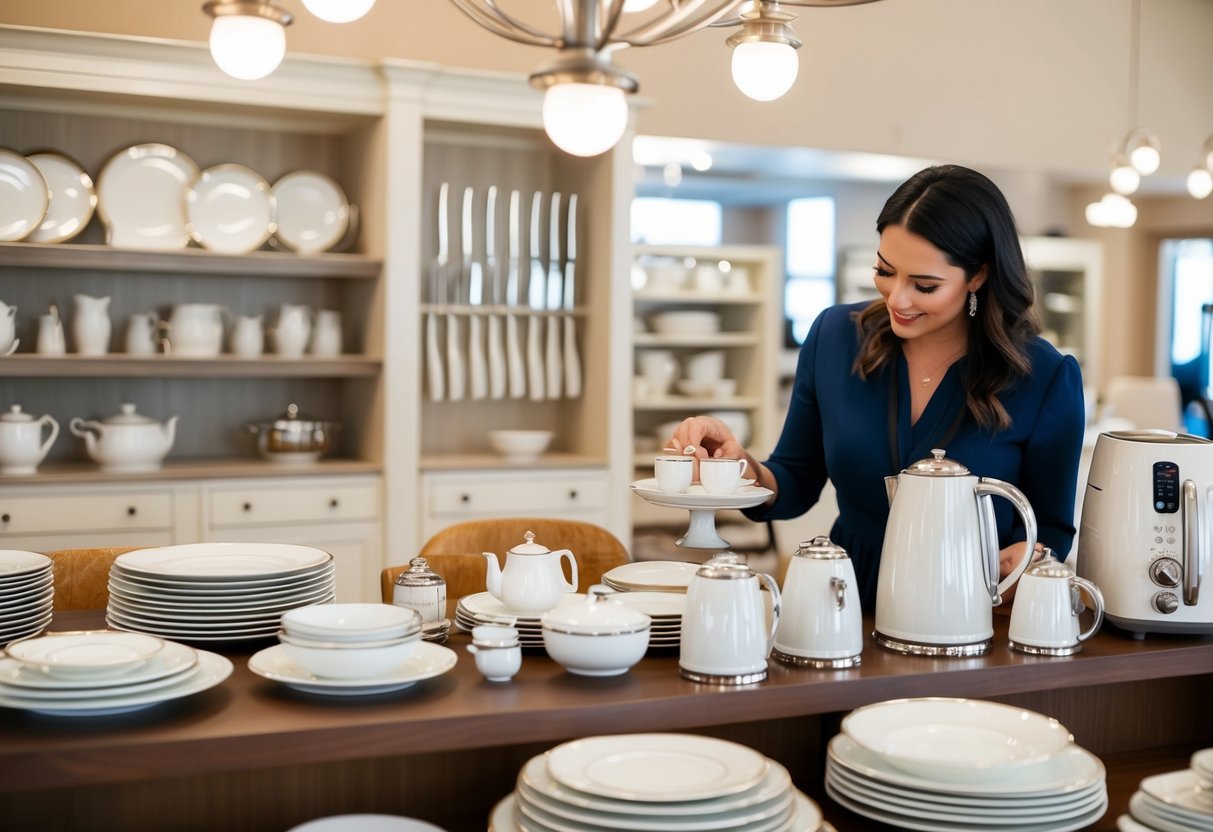 A woman browsing through elegant tableware and kitchen appliances at a wedding registry store