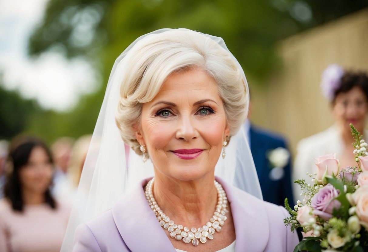 The bride's mother should wear a soft pastel color, such as light pink or lavender, to complement the wedding theme
