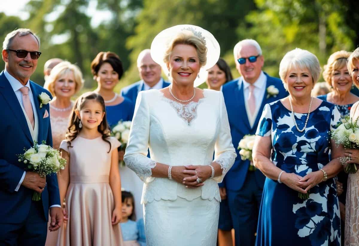 A mother of the bride stands tall, surrounded by family and friends, radiating confidence and elegance in her tasteful and sophisticated attire