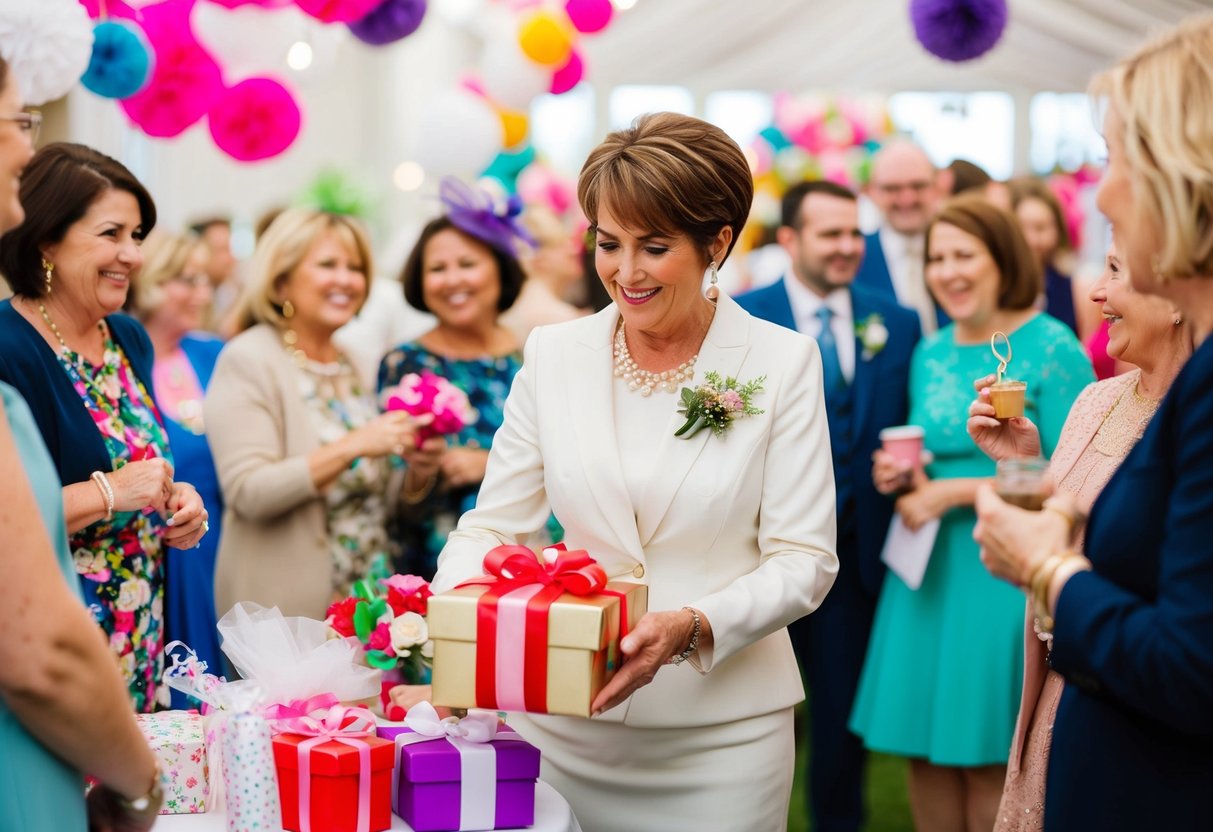 A mother of the groom carefully selects a thoughtful gift at a bustling wedding shower, surrounded by colorful decorations and joyful chatter