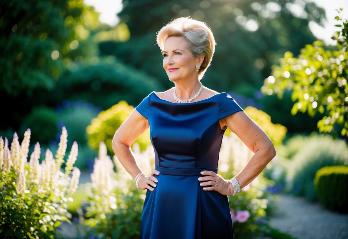 The bride's mother wears a deep navy blue dress, exuding comfort and confidence as she stands in a sunlit garden