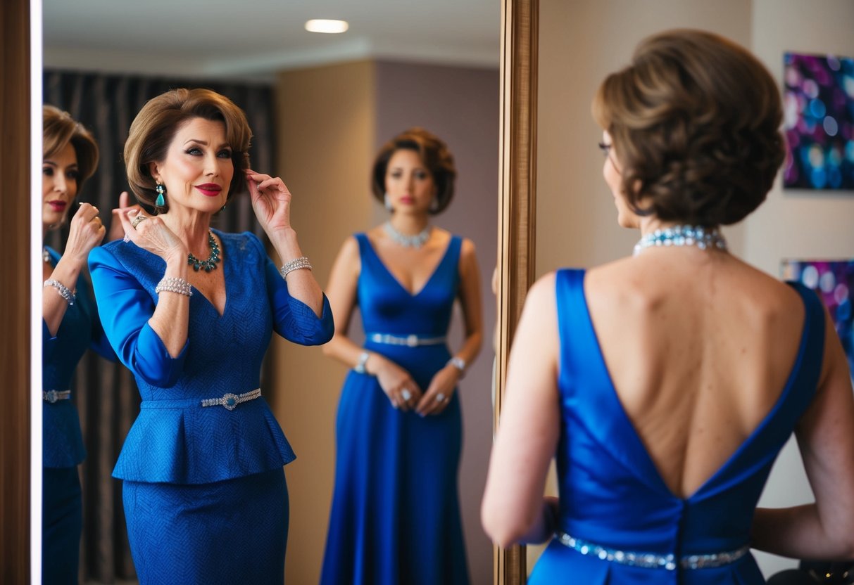 A woman in a stylish outfit stands in front of a mirror, trying on different colored accessories to match her dress for her daughter's wedding