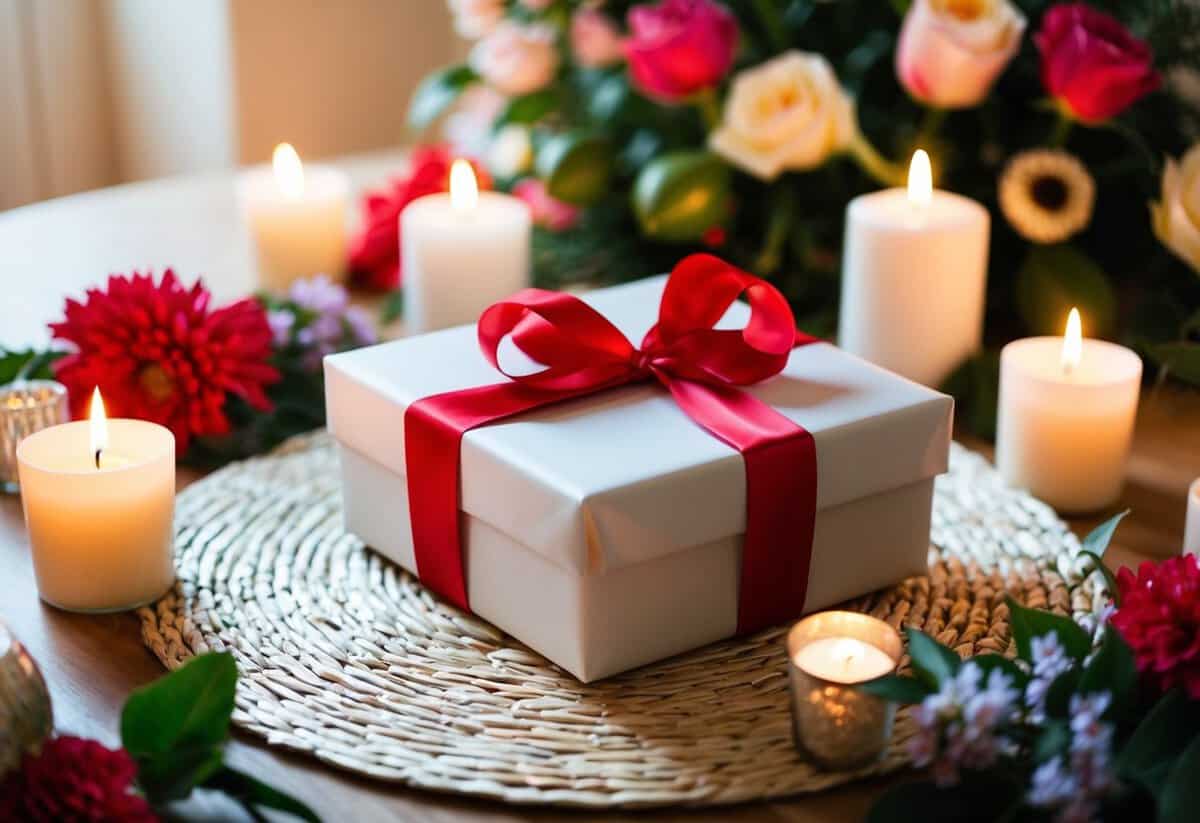 A beautifully wrapped gift box sits on a table, surrounded by flowers and candles