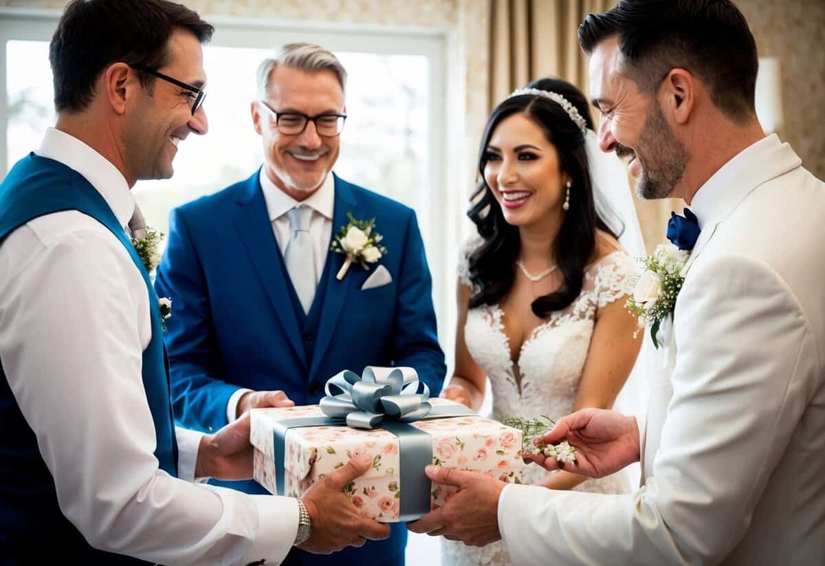 A couple presents a beautifully wrapped gift to a bride and groom at a wedding celebration. The parents stand smiling, watching as the couple opens the present