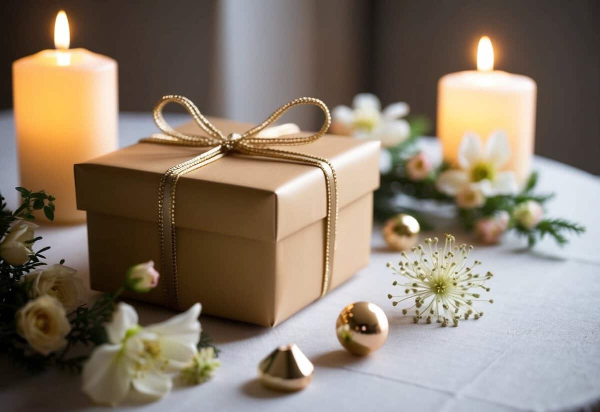 A beautifully wrapped gift box sits on a table, surrounded by delicate flowers and soft candlelight