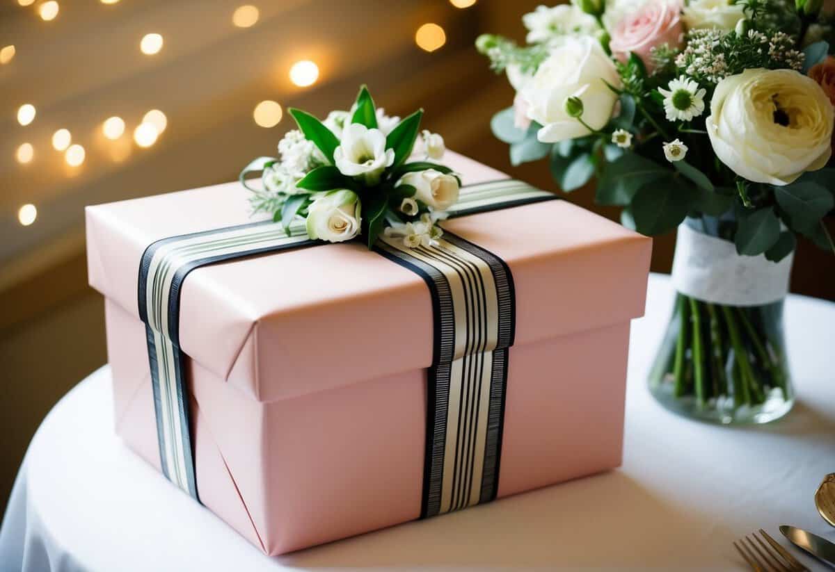 A beautifully wrapped gift box sits on a table, adorned with ribbons and flowers, ready to be presented to the bride