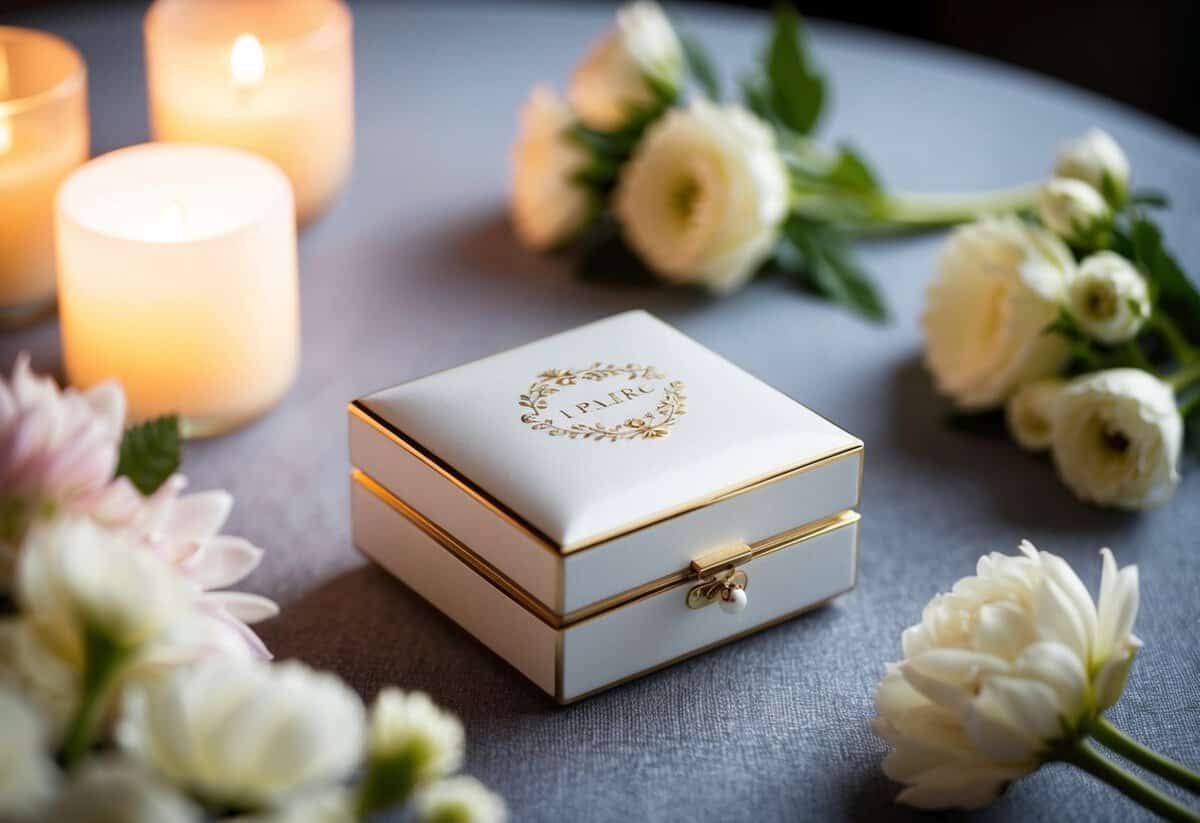 A delicate jewelry box with a personalized engraving sits on a table, surrounded by fresh flowers and soft candlelight