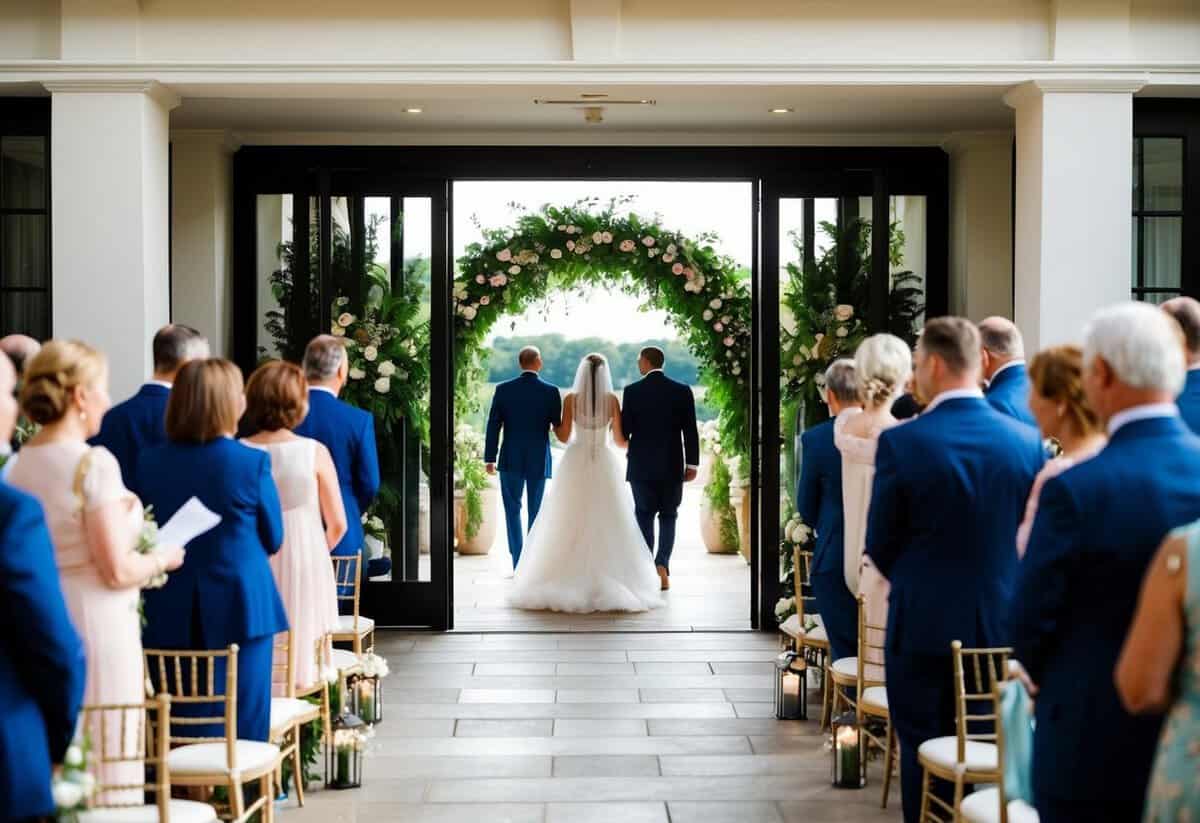 The elegant entrance of the wedding venue, with a welcoming atmosphere and a sense of anticipation as guests arrive