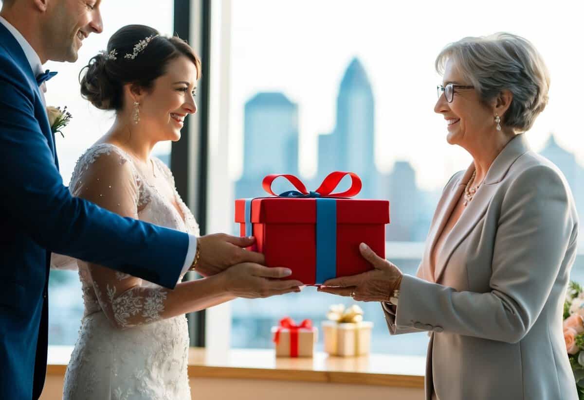 A couple giving a gift to the bride's parents