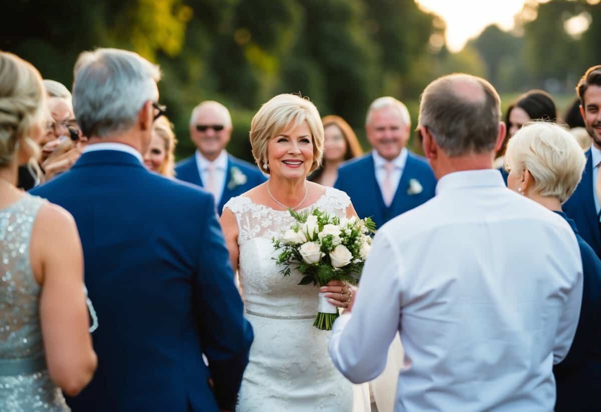 The mother of the bride warmly welcomes arriving guests at the pre-wedding event