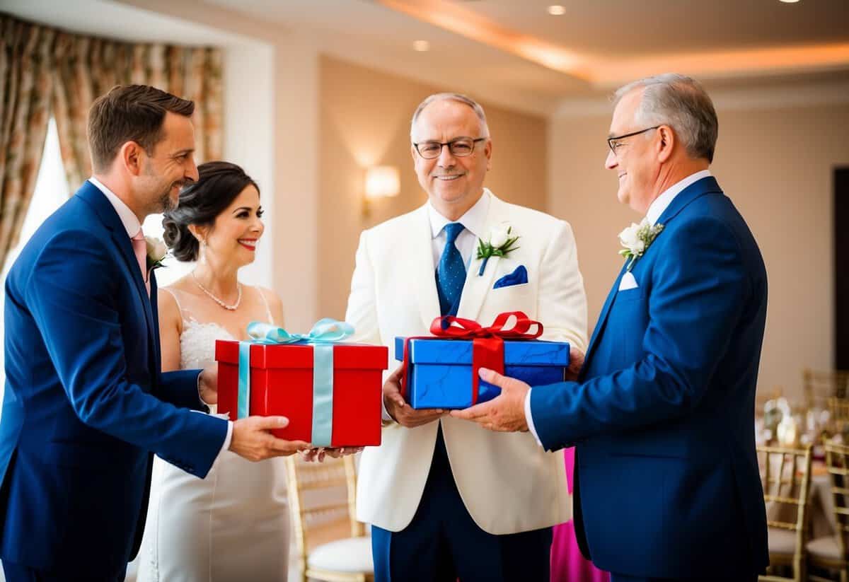 The groom's parents presenting gifts and offering support to the couple