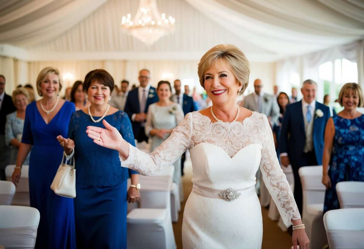 The mother of the bride warmly welcomes arriving guests at the wedding venue, offering a gracious smile and guiding them to their seats