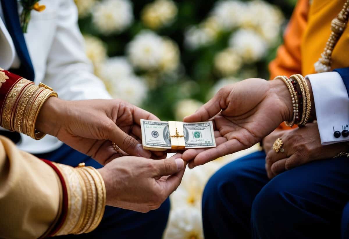 A pair of hands exchanging a traditional gift of money or jewelry as a symbol of financial support from the groom's parents