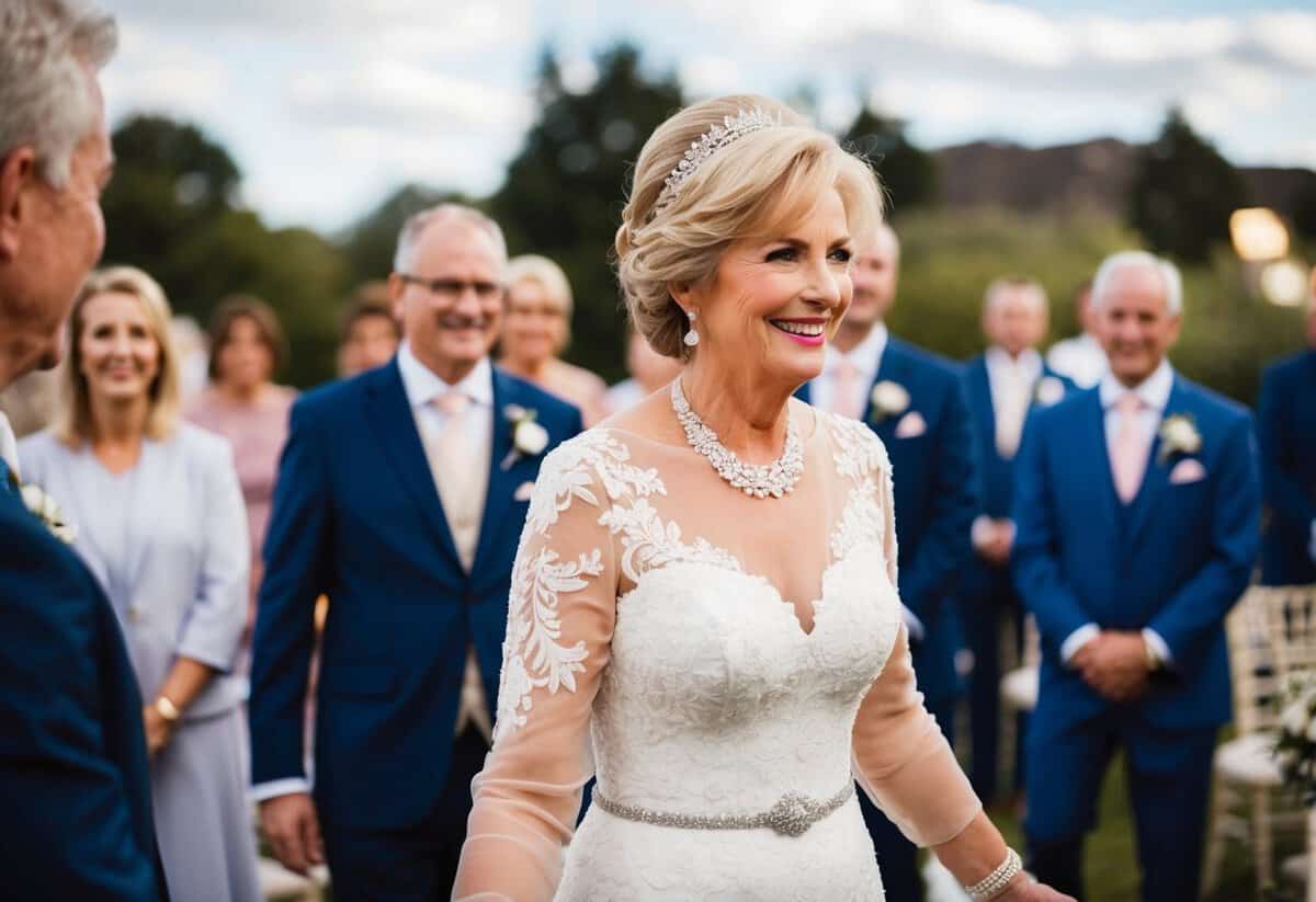 The mother of the bride stands with a warm smile, offering a respectful bow or a welcoming gesture to greet arriving guests