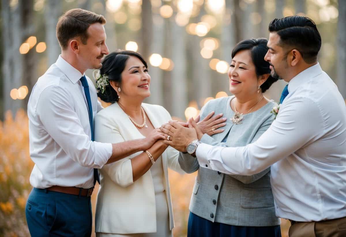 The groom's parents offering emotional support to the couple with open arms and comforting gestures