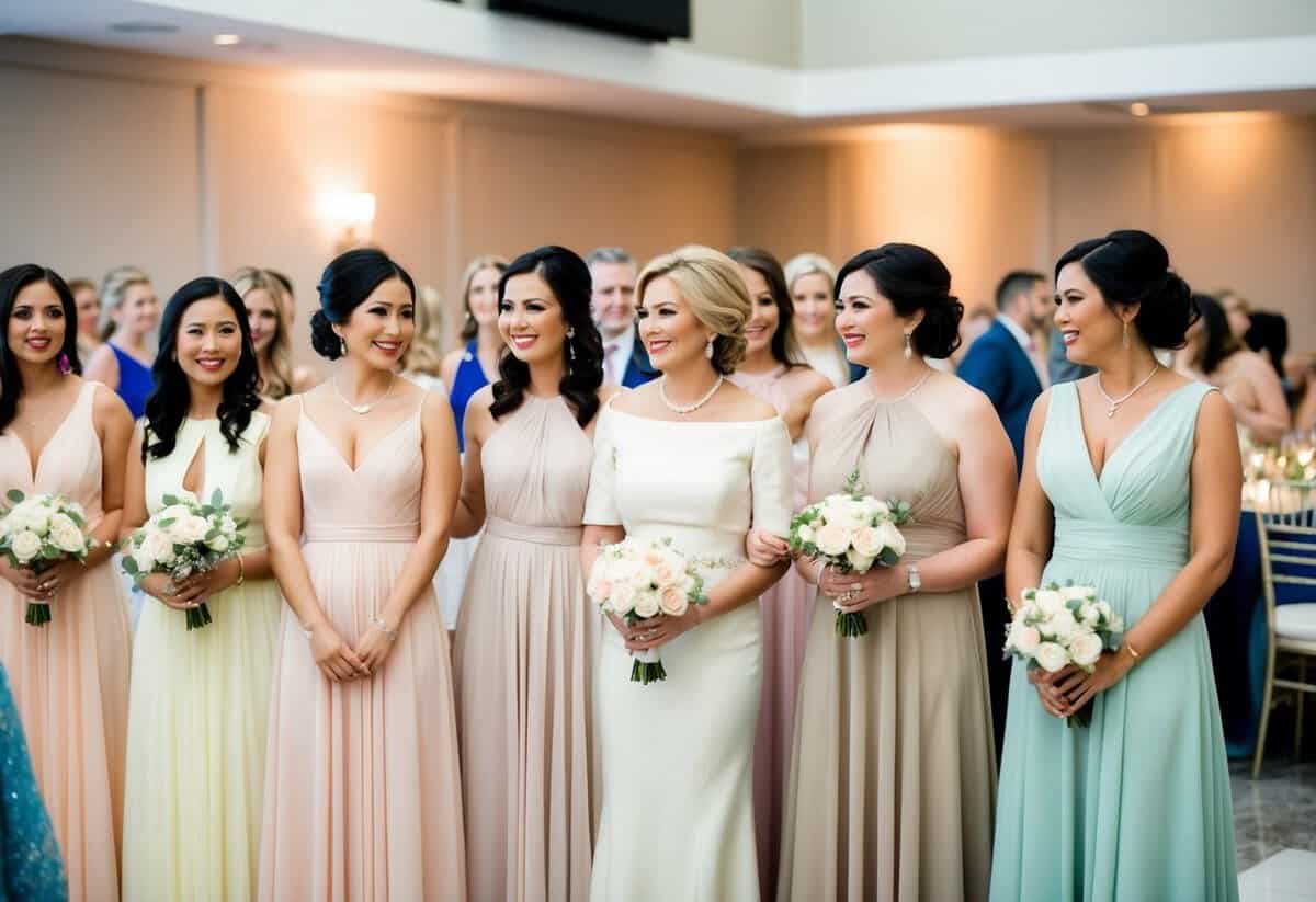 A group of elegant women in pastel and neutral-colored dresses gather at a wedding reception, with the mother of the bride standing out in a sophisticated shade of champagne