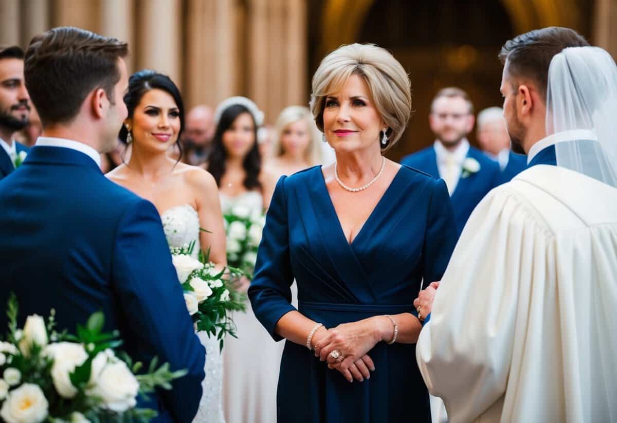 The mother of the bride wears a deep navy blue dress, standing beside the bride and groom at the altar